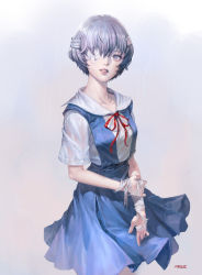 Rule 34 | 1girl, absurdres, artist name, ayanami rei, bandage over one eye, bandaged hand, bandages, blue hair, blue skirt, collared shirt, crying, crying with eyes open, eyelashes, grey background, grey eyes, hair between eyes, highres, lips, looking at viewer, neck ribbon, neon genesis evangelion, nessi, pale skin, parted lips, realistic, red ribbon, ribbon, shirt, short hair, short sleeves, skirt, solo, tears