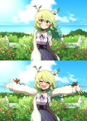 Rule 34 | 1girl, absurdres, arms behind back, blue sky, blush, bow, breasts, bush, cardigan, ceres fauna, ceres fauna (jirai kei), choker, cleavage, cleavage cutout, clothing cutout, cloud, commentary, ddolbang, english commentary, fence, flower, green hair, hair flower, hair ornament, heart, heart choker, highres, hololive, hololive english, large breasts, ocean, open cardigan, open clothes, outstretched arms, skirt, sky, smile, solo, virtual youtuber, yellow eyes