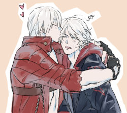Rule 34 | 2boys, blue eyes, blush, dante (devil may cry), devil may cry (series), devil may cry 3, devil may cry 4, closed eyes, fang, fingerless gloves, gloves, half-closed eyes, heart, jya, kiss, looking at another, male focus, multiple boys, nero (devil may cry), open mouth, simple background, sweatdrop, white hair