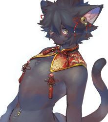Rule 34 | 1boy, 4040tinta, animal ears, bell, black fur, black hair, body fur, cat boy, cat ears, cat tail, detached collar, furry, furry male, hair bell, hair ornament, highres, jingle bell, male focus, navel piercing, nipple piercing, nipples, original, piercing, simple background, solo, tail, white background