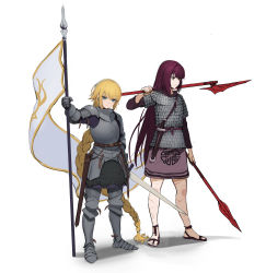 Rule 34 | 2girls, absurdly long hair, armor, blonde hair, blue eyes, braid, braided ponytail, breastplate, chainmail, commentary, english commentary, fate/apocrypha, fate (series), full body, gauntlets, hair between eyes, highres, holding, holding polearm, holding spear, holding sword, holding weapon, jason kim, jeanne d&#039;arc (fate), jeanne d&#039;arc (ruler) (fate), long hair, looking at viewer, medieval, multiple girls, plate armor, polearm, purple hair, red eyes, sandals, scathach (fate), sheath, simple background, skirt, spear, standing, sword, very long hair, weapon, white background