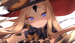 Rule 34 | 1girl, abigail williams (fate), abigail williams (second ascension) (fate), bare shoulders, black bow, black hat, blonde hair, blue eyes, bow, breasts, fate/grand order, fate (series), forehead, hat, highres, keyhole, long hair, multiple bows, orange bow, parted bangs, portrait, small breasts, solo, spider apple, witch hat