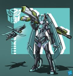 1girl aircraft artist_name autobot blue_eyes character_name gun hatsune_miku helicopter highres holding holding_gun holding_weapon kenttrasharts looking_at_viewer mecha mecha_focus mechanization metal_hair multiple_forms robot shadow smile solo transformers twintails weapon