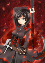 Rule 34 | 1girl, absurdres, alternate hair color, ammunition belt, black hair, boots, breasts, cape, catstudioinc (punepuni), corset, crescent rose, cross, highres, looking at viewer, medium breasts, pantyhose, petals, red background, rose petals, ruby rose, rwby, scythe, short hair, skirt, smile, solo, weapon