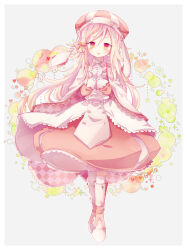 Rule 34 | 1girl, blonde hair, boots, bow, braid, cape, dress, earrings, full body, gloves, hair bow, hat, heart, highres, jewelry, long hair, long sleeves, looking at viewer, no nose, open mouth, orange bow, original, own hands together, pink eyes, red hat, smile, socks, solo, sparkle, sparkle earrings, usagi nui, very long hair, white cape, white dress, white gloves, white socks