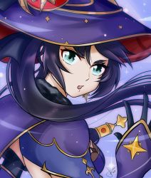 Rule 34 | 1girl, black gloves, black hair, blue eyes, commentary request, genshin impact, gloves, hair between eyes, hair ornament, hat, highres, long hair, long sleeves, looking at viewer, mixed-language commentary, mona (genshin impact), pegasus arts, sidelocks, simple background, solo, twintails, witch hat