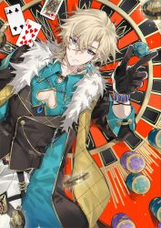 Rule 34 | 1boy, absurdres, aqua shirt, aventurine (honkai: star rail), black gloves, blonde hair, bracelet, card, closed mouth, clothing cutout, collared shirt, dice, earrings, fur trim, gloves, hair between eyes, highres, holding, holding dice, honkai: star rail, honkai (series), jewelry, looking at viewer, male focus, pectoral cleavage, pectorals, playing card, poker chip, roulette table, shidare (youh4016), shirt, short hair, solo, table