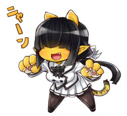 Rule 34 | 1girl, :d, animal hands, black hair, black neckwear, blunt bangs, bow, bowtie, chibi, colored skin, covered eyes, facing viewer, fang, hair ribbon, jacket, legs apart, long hair, long sleeves, nyan, oni, open mouth, original, pantyhose, pleated skirt, pointy ears, ribbon, simple background, skirt, skj, smile, standing, striped tail, tail, tiger tail, white background, white jacket, white ribbon, white skirt, yellow skin