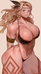 Rule 34 | 1girl, abs, amazon (dragon&#039;s crown), amazon warrior, armor, ass, bikini, bikini armor, blonde hair, blue eyes, breasts, brown feathers, cleavage, curvy, dragon&#039;s crown, expressionless, feather hair ornament, feathers, full body, gluteal fold, hair ornament, highres, huge breasts, ibuo (ibukht1015), large breasts, leg tattoo, long hair, looking at viewer, muscular, muscular female, shiny skin, simple background, solo, swimsuit, tattoo, thick thighs, thighs