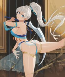 Rule 34 | 1girl, 3boys, ass, audience, blue eyes, bracelet, breasts, closed mouth, dancer, dancing, earrings, floating hair, harem outfit, high side ponytail, highres, holding, holding sword, holding weapon, jewelry, long hair, multiple boys, prison cell, rwby, scar, scar across eye, scar on face, scimitar, see-through, see-through skirt, skirt, solo focus, standing, standing on one leg, sword, thighlet, thighs, thong, very long hair, wangxiii, weapon, weiss schnee, white hair