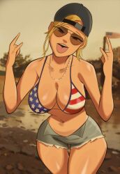 Rule 34 | 1girl, american flag bikini, bikini, blonde hair, breasts, flag print, grand theft auto, grand theft auto vi, hat, highres, large breasts, m/, navel, newguy1091, open mouth, redneck girl (gta vi), shorts, smile, sunglasses, swimsuit, tongue, tongue out