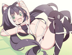Rule 34 | 1girl, animal ear fluff, animal ears, arms behind head, arms up, black bra, black hair, black panties, black thighhighs, blade (galaxist), bra, breasts, cat ears, cat girl, cat tail, commentary request, fang, feet out of frame, green eyes, karyl (princess connect!), knees together feet apart, long hair, looking at viewer, low twintails, navel, open mouth, panties, princess connect!, small breasts, solo, tail, tape measure, tears, thighhighs, twintails, underwear, underwear only, very long hair