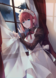 Rule 34 | 1girl, apron, black shirt, blue eyes, collared shirt, curtains, highres, hipo, hisui (tsukihime), indoors, long sleeves, looking at viewer, maid, maid headdress, moon, neck ribbon, night, parted lips, red hair, red ribbon, ribbon, shirt, short hair, solo, tsukihime, white apron, wing collar