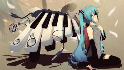 Rule 34 | 1girl, aqua eyes, aqua hair, boots, detached sleeves, drum, electric guitar, feathers, guitar, hatsune miku, highres, instrument, long hair, microphone, necktie, piano keys, sitting, skirt, solo, speaker, thigh boots, thighhighs, twintails, very long hair, vocaloid, yuzuki kei