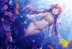 Rule 34 | 1girl, absurdres, air bubble, animal, bare shoulders, bikini, breasts, bubble, collarbone, coral reef, dsmile, fish, highres, huge filesize, jewelry, long hair, navel, necklace, ocean, open mouth, original, pink hair, scan, simple background, small breasts, smile, solo, stomach, submerged, swimsuit, underwater, water, yellow eyes