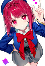 Rule 34 | 1girl, arima kana, beret, blue jacket, blush, bow, bowtie, hand on own hip, hand up, hat, highres, jacket, looking at viewer, oshi no ko, red bow, red bowtie, red eyes, red hair, sidelocks, simple background, solo, sugar (dndi888), white background