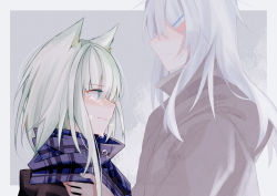 Rule 34 | 2girls, adjusting another&#039;s clothes, animal ears, arknights, black jacket, blue scarf, border, cat ears, crying, crying with eyes open, doctor (arknights), female doctor (arknights), green eyes, green hair, grey background, grey hair, hair ornament, hairclip, height difference, jacket, kal&#039;tsit (arknights), krverzravys, multiple girls, outside border, plaid, plaid scarf, scarf, simple background, tears, white border