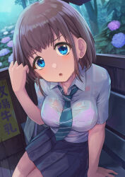 Rule 34 | 1girl, :o, adjusting hair, arm support, black skirt, blue eyes, bob cut, bra, bra visible through clothes, breasts, brown hair, bush, collared shirt, green necktie, tucking hair, hand in own hair, highres, lace, lace bra, large breasts, leaning forward, looking at viewer, necktie, on bench, original, outdoors, parted lips, pink bra, rain, sai (abyss05), school uniform, see-through, shirt, short hair, sidelocks, sign, sitting, skirt, solo, underwear, wet, wet clothes, wet shirt, white shirt, wing collar
