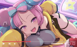 Rule 34 | 1girl, blush, bow-shaped hair, breasts, character hair ornament, creatures (company), game freak, hair ornament, highres, iono (pokemon), jacket, kasai shin, large breasts, long hair, looking at viewer, low-tied long hair, multicolored hair, nintendo, open mouth, oversized clothes, pink hair, pokemon, pokemon sv, sharp teeth, single leg pantyhose, sleeves past fingers, sleeves past wrists, smile, solo, split-color hair, teeth, two-tone hair, very long sleeves, yellow jacket