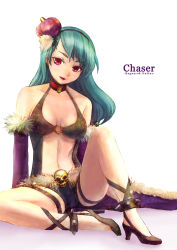 Rule 34 | 1girl, ankle lace-up, anklet, aqua hair, bad id, bad pixiv id, breasts, character name, choker, copyright name, cross-laced footwear, fur trim, high heels, jewelry, long hair, medium breasts, navel, nemuko (omochimochi), o-ring, o-ring top, parted lips, ragnarok online, red eyes, shoes, short shorts, shorts, simple background, sitting, skull, solo, spiked anklet, stalker, stalker (ragnarok online), thigh strap, underboob, waist cape, white legwear