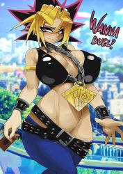 Rule 34 | 1girl, ashraely, belt, bracelet, breasts, chain necklace, collar, come hither, covered erect nipples, english text, genderswap, highres, huge breasts, jewelry, necklace, outdoors, purple eyes, solo, spiked hair, tank top, thick thighs, thighs, wide hips, yami yugi, yu-gi-oh!, yu-gi-oh! duel monsters