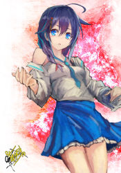 Rule 34 | 1girl, ahoge, alternate costume, asymmetrical clothes, black hair, blue eyes, blue necktie, blue skirt, braid, casual, cowboy shot, detached sleeves, frilled skirt, frills, hair between eyes, hair flaps, hair ornament, hair over shoulder, kantai collection, long hair, looking at viewer, necktie, one-hour drawing challenge, open mouth, shigure (kancolle), shigure kai ni (kancolle), signature, single braid, skirt, solo, yanagi wakana