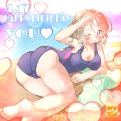 Rule 34 | 1girl, artist name, artist request, bare legs, bare shoulders, blue eyes, blue one-piece swimsuit, blush, breasts, collarbone, competition swimsuit, feet, female focus, full body, grey hair, heart, highres, horizon, light brown hair, looking at viewer, love live!, love live! school idol festival, love live! sunshine!!, medium breasts, one-piece swimsuit, one eye closed, parted lips, short hair, smile, solo, swimsuit, takecho, takecho-chan, watanabe you