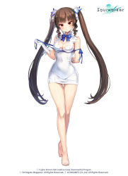 Rule 34 | 1girl, absurdres, arm behind back, bare arms, bare legs, bare shoulders, barefoot, blue ribbon, bow, bowtie, breasts, brown hair, cleavage, cleavage cutout, clothing cutout, cosplay, covered navel, crossed legs, dress, drill hair, dungeon ni deai wo motomeru no wa machigatteiru darou ka, full body, gloves, groin, hair ornament, hestia (danmachi), hestia (danmachi) (cosplay), highres, large breasts, crossed legs, lily bloomerchen, long hair, looking at viewer, mimi (ranma3049), official art, red eyes, rei no himo, ribbon, short dress, sleeveless, sleeveless dress, solo, soulworker, standing, thigh gap, thighs, twin drills, twintails, very long hair, watermark, watson cross, white dress, white gloves