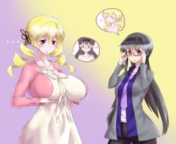 Rule 34 | ..., 10s, 2girls, akemi homura, alternate breast size, bespectacled, black hair, black hairband, blonde hair, blush, body switch, breast conscious, breast envy, breast hold, breasts, drill hair, glasses, hair ornament, hairband, hairpin, highres, huge breasts, imagining, inconvenient breasts, long hair, mahou shoujo madoka magica, mahou shoujo madoka magica (anime), mizuumi (bb), multiple girls, nude, open mouth, personality switch, purple eyes, short hair, smile, tomoe mami, twin drills, twintails, yellow eyes