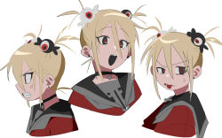 Rule 34 | 1girl, :d, :p, anger vein, angry, black choker, black mouth, blonde hair, candy hair ornament, choker, cross, cross choker, disgust, earrings, expressions, eye hair ornament, fang, food-themed hair ornament, from side, hair between eyes, hair ornament, happy, highres, hyow, jewelry, lone nape hair, long bangs, looking ahead, looking back, multiple views, open mouth, original, portrait, raised eyebrows, red eyes, red shirt, sailor collar, shirt, sidelocks, simple background, sketch, smile, stud earrings, sweatdrop, three quarter view, tongue, tongue out, two side up, uneven eyes, v-shaped eyebrows, wavy eyebrows, white background