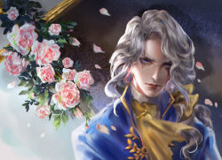 Rule 34 | 1boy, ascot, blood, bloody tears, blue eyes, closed mouth, commentary, english commentary, flower, hair over shoulder, identity v, joseph desaulniers, long hair, long sleeves, looking at viewer, low ponytail, male focus, petals, pink flower, pink rose, ponytail, quyen pham, realistic, red lips, rose, solo, upper body, wavy hair, yellow ascot