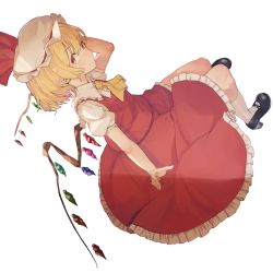 Rule 34 | 1girl, arm up, ascot, bad id, bad pixiv id, black footwear, blonde hair, flandre scarlet, frilled skirt, frills, full body, hat, hat ribbon, high heels, kikkaiki, looking at viewer, mary janes, mob cap, outstretched arm, puffy short sleeves, puffy sleeves, red eyes, red ribbon, red skirt, ribbon, shoes, short sleeves, simple background, skirt, skirt set, smile, solo, touhou, vest, white background, white legwear, wings