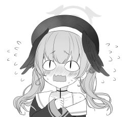 Rule 34 | &lt;|&gt; &lt;|&gt;, 1girl, beret, blue archive, blush, flying sweatdrops, furrowed brow, greyscale, halo, hat, highres, inotukuhito, koharu (blue archive), long hair, long sleeves, looking at viewer, monochrome, off shoulder, open mouth, sailor collar, sailor shirt, shirt, solo, sweat, twintails, upper body, wavy mouth, white background