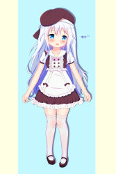 Rule 34 | 1girl, :d, absurdres, apron, beret, blue eyes, blush, bow, brown bow, brown dress, brown footwear, brown hat, center frills, collarbone, commentary request, dress, fang, frilled apron, frilled dress, frills, hair between eyes, hair bow, hair bun, hat, head tilt, highres, liang feng qui ye, long hair, looking at viewer, open mouth, original, pleated dress, puffy short sleeves, puffy sleeves, shoes, short sleeves, silver hair, single hair bun, smile, solo, standing, thighhighs, translation request, very long hair, white apron, white thighhighs