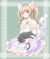 Rule 34 | 1girl, animal, animal ears, animal on lap, black cat, blush, bow, brown hair, cat, cat on lap, dress, full body, green background, highres, long hair, long sleeves, looking at viewer, on lap, original, patch (sunamiti), purple eyes, simple background, sitting, smile, solo, tail, twintails, white bow, white dress