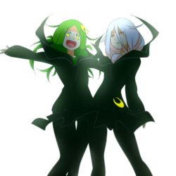 Rule 34 | 10s, 2girls, alternate costume, alternate eye color, alternate hairstyle, black legwear, commentary request, crescent, crescent hair ornament, crescent pin, glowing, glowing eyes, green eyes, green hair, hair between eyes, hair flaps, hair ornament, kantai collection, kenji (8zidayo), kikuzuki (kancolle), long hair, long sleeves, multiple girls, nagatsuki (kancolle), open mouth, outstretched arms, red eyes, round teeth, simple background, smile, spread arms, teeth, white background, white hair