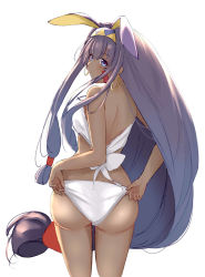 Rule 34 | 1girl, adjusting clothes, adjusting swimsuit, animal ears, ass, bare arms, bare shoulders, bikini, blue eyes, blush, bracelet, closed mouth, commentary request, dark-skinned female, dark skin, earrings, facial mark, fake animal ears, fate/grand order, fate (series), from behind, hair ornament, hairband, highres, hoop earrings, jewelry, long hair, looking at viewer, looking back, nitocris (fate), purple hair, solo, swimsuit, syica, thighs, wedgie, white bikini