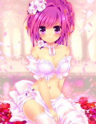 Rule 34 | 1girl, bare shoulders, between legs, blush, braid, breasts, cherry blossoms, choker, cleavage, flower, forest, frills, hair flower, hair ornament, hand between legs, large breasts, light smile, long hair, looking at viewer, midriff, nature, navel, nemuri nemu, off shoulder, original, petals, pink hair, purple eyes, sarong, sitting, smile, solo, thighhighs, white thighhighs