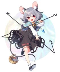 Rule 34 | 1girl, animal, animal ear fluff, animal ears, black dress, black footwear, blue capelet, blush, capelet, dowsing rod, dress, fingernails, full body, grey hair, hair between eyes, highres, jewelry, kozakura (dictionary), long sleeves, mouse (animal), mouse ears, mouse tail, nazrin, open mouth, pendant, red eyes, sample watermark, shirt, shoes, short hair, smile, socks, solo, tail, thick eyebrows, touhou, watermark, white shirt, white socks
