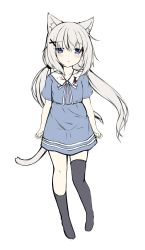 Rule 34 | 1girl, animal ear fluff, animal ears, asymmetrical legwear, black thighhighs, blue dress, blue eyes, blush, cat ears, cat girl, cat tail, closed mouth, collared dress, commentary request, copyright request, dress, full body, grey hair, hair between eyes, hair ornament, highres, indie virtual youtuber, long hair, low twintails, no shoes, sakuraba hikaru (loveindog), short sleeves, simple background, single sock, single thighhigh, socks, solo, standing, tail, thighhighs, twintails, uneven legwear, very long hair, virtual youtuber, white background, x hair ornament