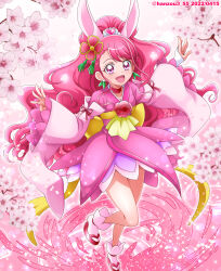 Rule 34 | 1girl, animal ears, asymmetrical bangs, back bow, big hair, bow, bridal gauntlets, cherry blossoms, commentary request, cure grace, cure grace (partner form), dated, dress, earrings, gloves, hair ornament, hanadera nodoka, hanzou, healin&#039; good precure, healin&#039; good precure: yume no machi de kyun! tto gogo! daihenshin!!, highres, jewelry, large bow, long hair, long sleeves, looking at viewer, magical girl, on liquid, open mouth, partial commentary, petals, pink dress, pink footwear, pink hair, pink theme, precure, rabbit ears, sandals, short dress, smile, socks, solo, standing, tiara, twitter username, very long hair, wavy hair, white gloves, white socks, wide sleeves, yellow bow