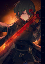Rule 34 | 1boy, absurdres, armor, black background, black cape, black gloves, blue eyes, blue hair, byleth (fire emblem), byleth (male) (fire emblem), cape, closed mouth, dagger, fire emblem, fire emblem: three houses, gloves, glowing, glowing sword, glowing weapon, heroes relic (fire emblem), highres, holding, holding sword, holding weapon, knife, male focus, nintendo, sheath, sheathed, short hair, simple background, solo, sword, sword of the creator, weapon, xunko