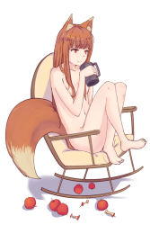 Rule 34 | 1girl, animal ears, apple, apple core, barefoot, blunt bangs, breasts, brown hair, casual nudity, chair, cup, feet on chair, food, fruit, hair over breasts, highres, holding, holo, long hair, mug, nude, panana, red eyes, rocking chair, simple background, sitting, smile, solo, spice and wolf, tail, white background, wolf ears, wolf tail