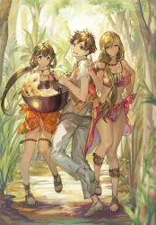 Rule 34 | 1boy, 2girls, bandeau, blue eyes, breasts, brown eyes, brown hair, cleavage, closed mouth, cooking pot, cover image, dappled sunlight, day, eyebrows hidden by hair, forest, full body, hair between eyes, hair over shoulder, hands up, holding, holding cooking pot, isekai ryouridou, jewelry, jungle, kochimo, large breasts, long hair, looking at another, low ponytail, midriff, multiple girls, nature, necklace, novel illustration, official art, outdoors, photoshop (medium), reina ruu, sarong, second-party source, siblings, sisters, standing, standing on one leg, sunlight, textless version, toes, tsurumi asuta, very long hair, vina ruu