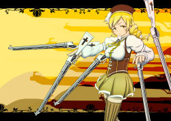 Rule 34 | 10s, 1girl, beret, blonde hair, breasts, cross, drill hair, gun, hair ornament, hat, letterboxed, magical girl, magical musket, mahou shoujo madoka magica, mahou shoujo madoka magica (anime), murakumo1987, pleated skirt, puffy sleeves, rifle, skirt, solo, thighhighs, tomoe mami, weapon, yellow eyes
