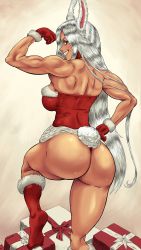 Rule 34 | 1girl, animal ears, ass, back, boku no hero academia, box, breasts, clenched hands, dark-skinned female, dark skin, fake animal ears, fur-trimmed gloves, fur-trimmed legwear, fur trim, gift, gift box, gloves, hand on own hip, highres, large breasts, leg up, leotard, long hair, looking at viewer, looking back, mirko, muscular, muscular female, playboy bunny, profile, rabbit ears, rabbit tail, red gloves, red socks, santa costume, shiny skin, smile, socks, solo, tail, teeth, thong, tuomashart, very long hair, white hair