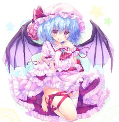 Rule 34 | 1girl, :q, ascot, barefoot, bat wings, blue hair, blush, brooch, cedama, center frills, fingernails, frilled shirt collar, frilled skirt, frilled thighhighs, frills, hat, hat ribbon, highres, jewelry, kinokomushi, leg ribbon, leg up, looking at viewer, mob cap, petticoat, pink eyes, puffy short sleeves, puffy sleeves, red ribbon, remilia scarlet, revision, ribbon, short sleeves, single thighhigh, skirt, skirt hold, skirt set, smile, solo, thighhighs, tongue, tongue out, touhou, white thighhighs, wings, wrist cuffs