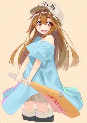 Rule 34 | 10s, 1girl, :d, baseball cap, blue shirt, blush, brown eyes, brown hair, commentary request, grey hat, grey shorts, hair between eyes, hat, hataraku saibou, highres, holding, looking at viewer, no nose, off shoulder, open mouth, oversized clothes, platelet (hataraku saibou), shirt, short sleeves, shorts, shunichi, smile, solo, standing, striped, striped background, two-handed, yellow background