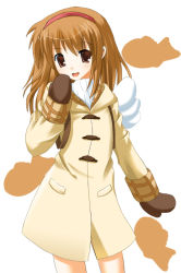 Rule 34 | 1girl, :d, blush, brown eyes, brown gloves, brown hair, brown mittens, coat, cowboy shot, duffel coat, food, gloves, hairband, hand to own mouth, head tilt, kanon, long sleeves, looking at viewer, mittens, odaya, odayan, open mouth, simple background, smile, solo, taiyaki, tsukimiya ayu, wagashi, white background, wings