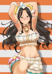 Rule 34 | 10s, 1girl, animal costume, armpits, arms up, bad id, bad pixiv id, bell, neck bell, black hair, blush, breasts, brown eyes, cleavage, collar, cowbell, earrings, female focus, highres, horns, idolmaster, idolmaster cinderella girls, jewelry, large breasts, long hair, looking at viewer, midriff, mukai takumi, navel, sheep costume, sheep horns, smile, solo, youhei (testament)